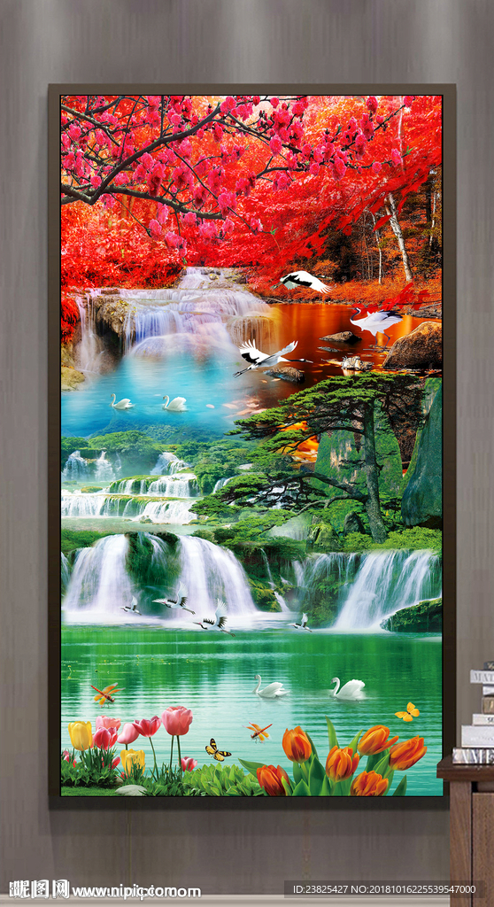 流水生财山水风景玄关背景墙