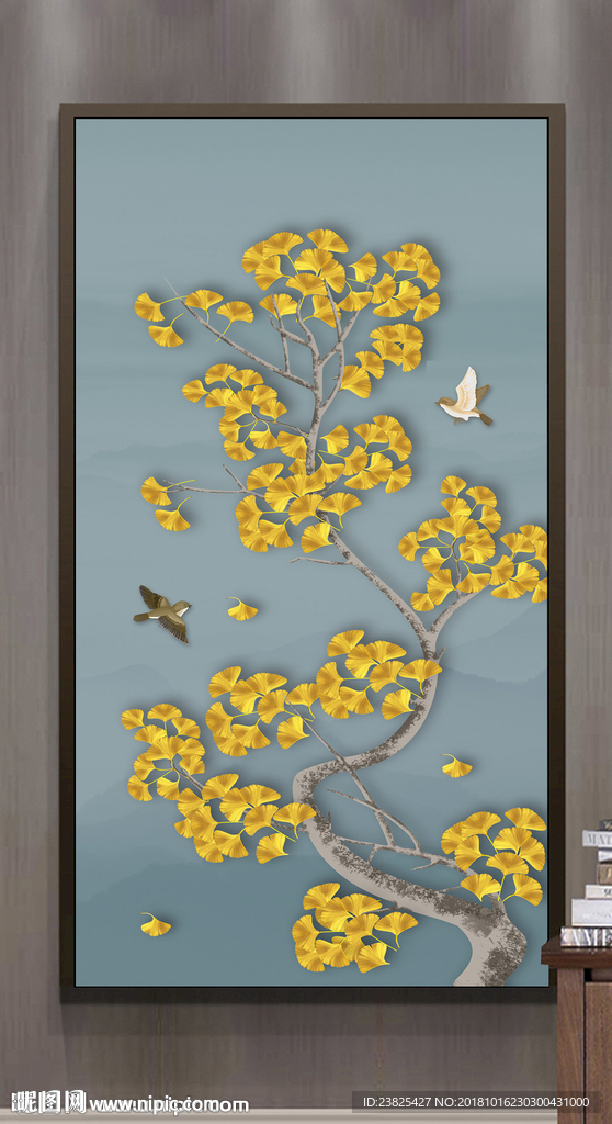新中式手绘工笔花鸟玄关背景墙