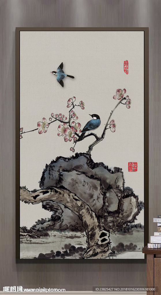 新中式手绘梅花山水玄关背景墙