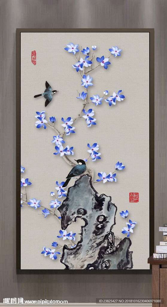 新中式手绘工笔花鸟玄关背景墙