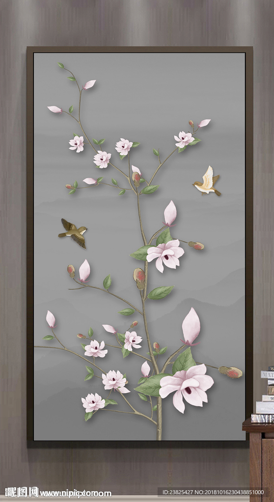 新中式手绘玉兰花鸟玄关背景墙