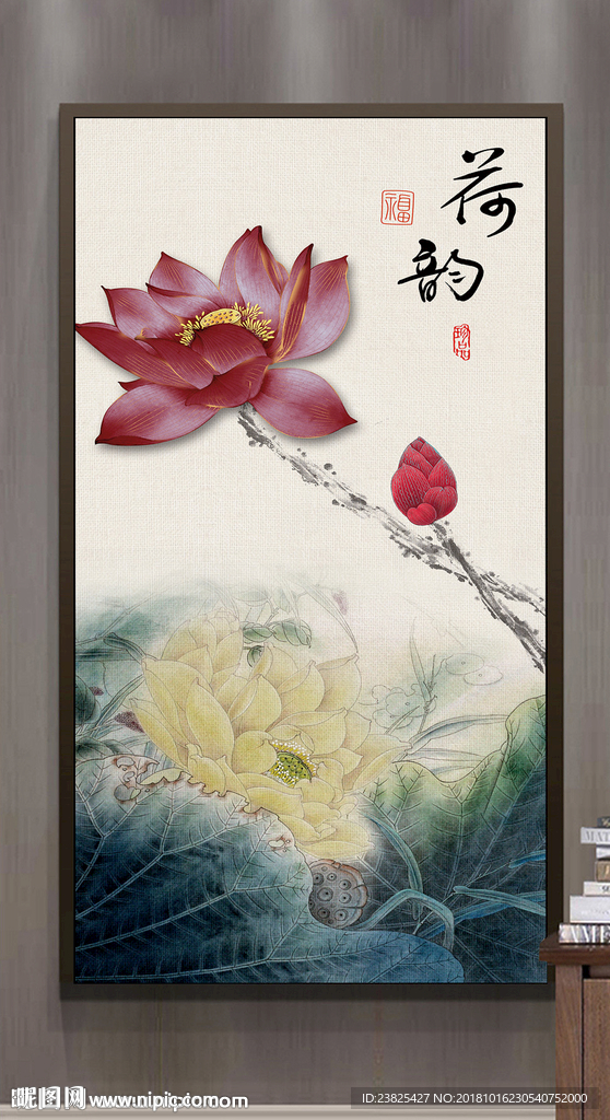 新中式手绘工笔荷花玄关背景墙