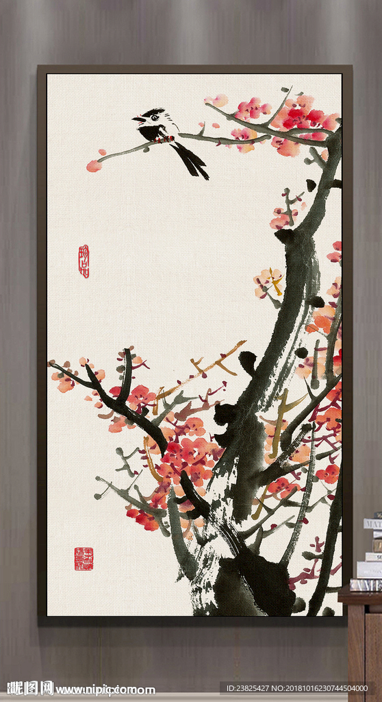 新中式手绘梅花玄关背景墙