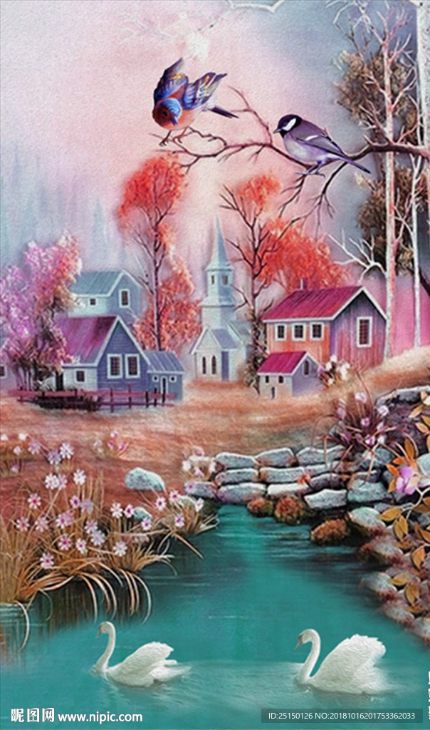 小鸟溪流天鹅装饰画