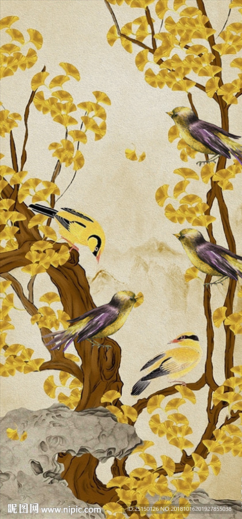 中式银杏工笔花鸟装饰画