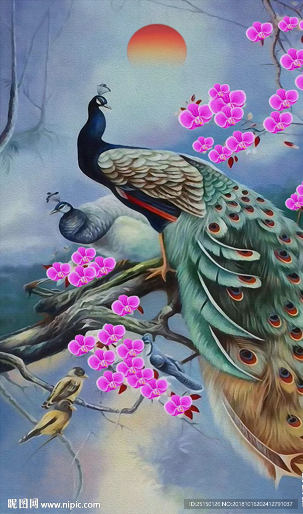 中式唯美孔雀花卉鸟儿装饰画