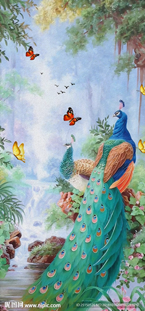 山水画孔雀蝴蝶飞鸟装饰画