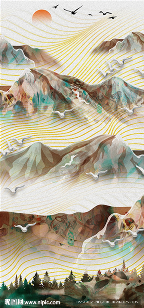 中式手绘油画山峰飞鸟装饰画
