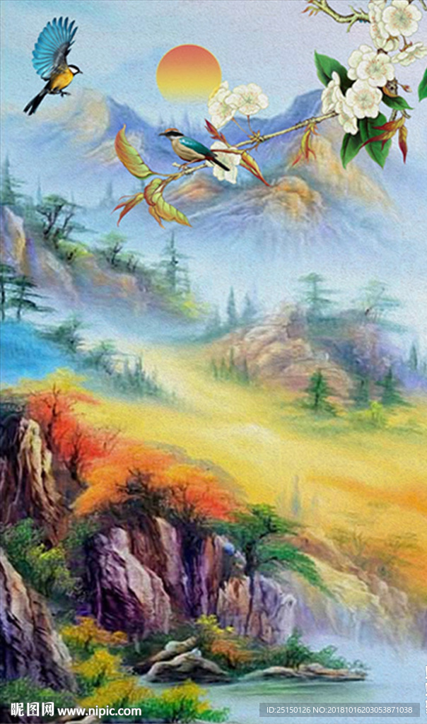 中式山水画花卉鸟儿装饰画