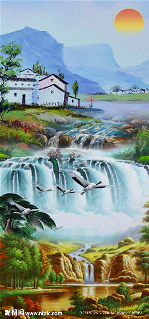 中式山水画白鹤瀑布流水装饰画