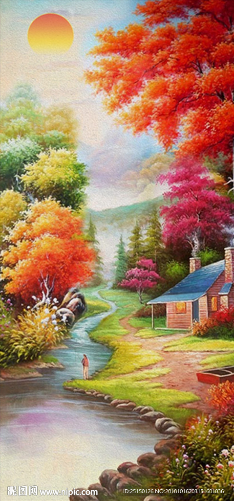 中式秋季树林流水生财装饰画