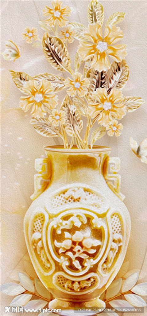 浮雕玉雕花瓶花卉装饰画