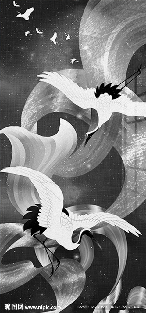 中式手绘白鹤装饰画