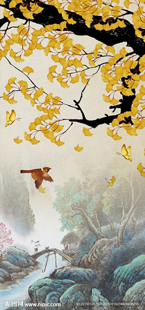 中式银杏手绘工笔花鸟装饰画