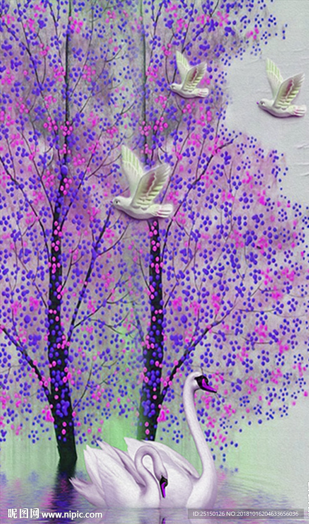 中式唯美发财树烂漫天鹅装饰画