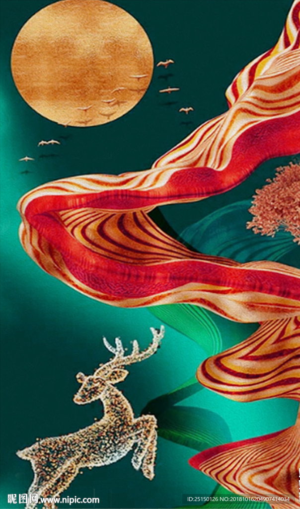 中式抽象线条意境山水麋鹿装饰画