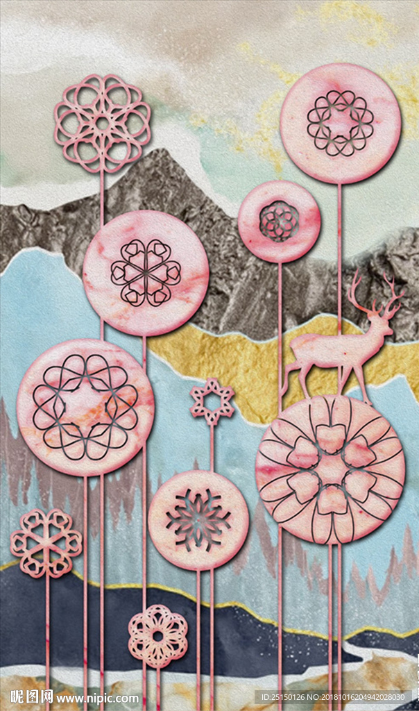 北欧抽象山脉蒲公英驯鹿装饰画