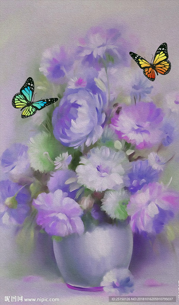 手绘油画花卉花卉蝴蝶装饰画