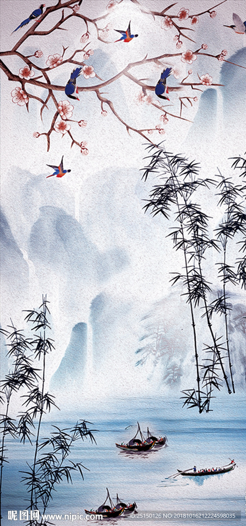 山水小鸟装饰画
