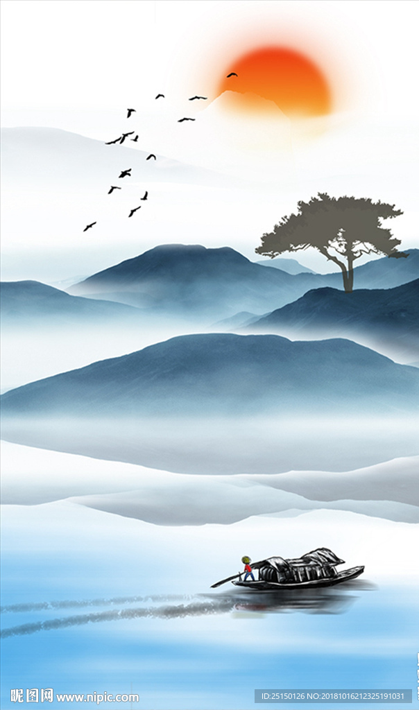 山水小船装饰画