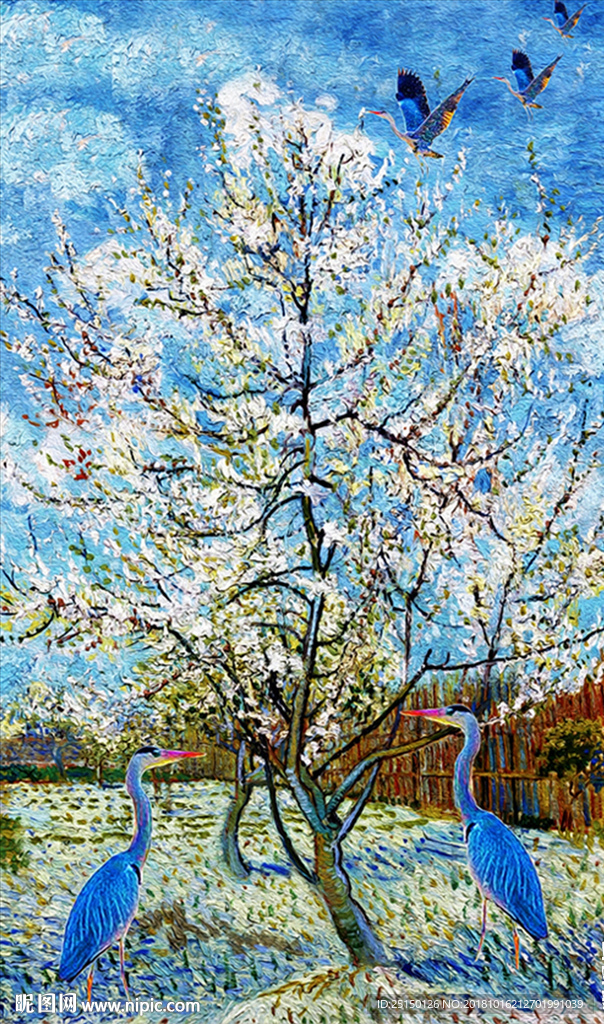 油画树枝飞鸟装饰画