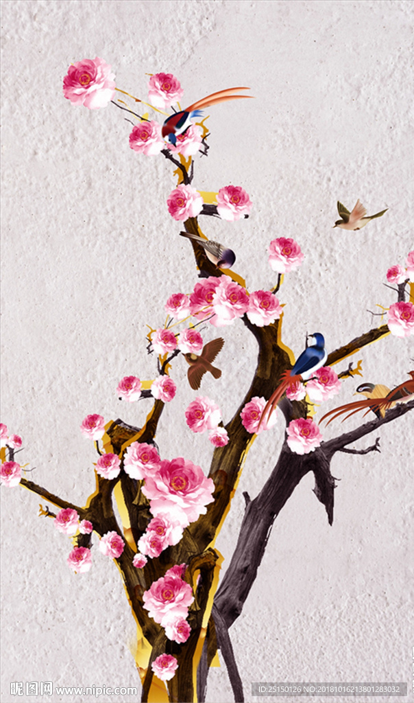 花卉树枝鸟群装饰画
