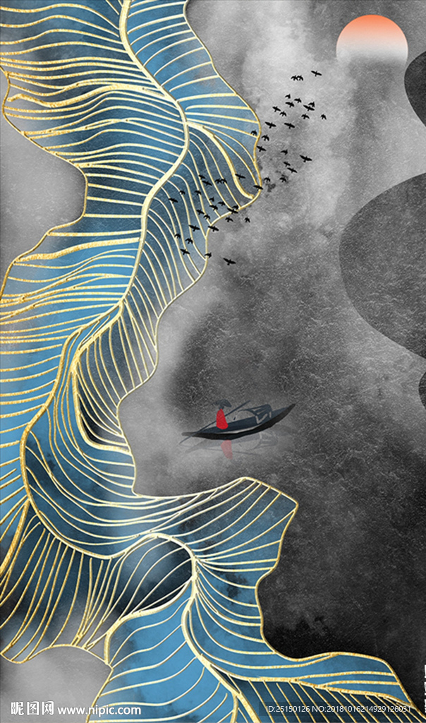 抽象小船飞鸟装饰画