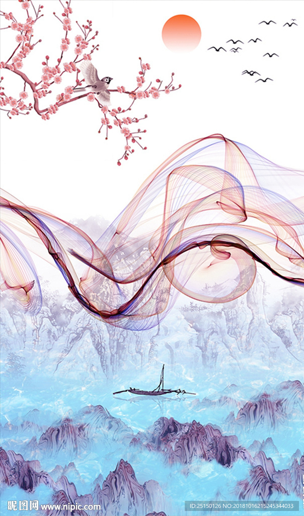 抽象山水小船飞鸟装饰画