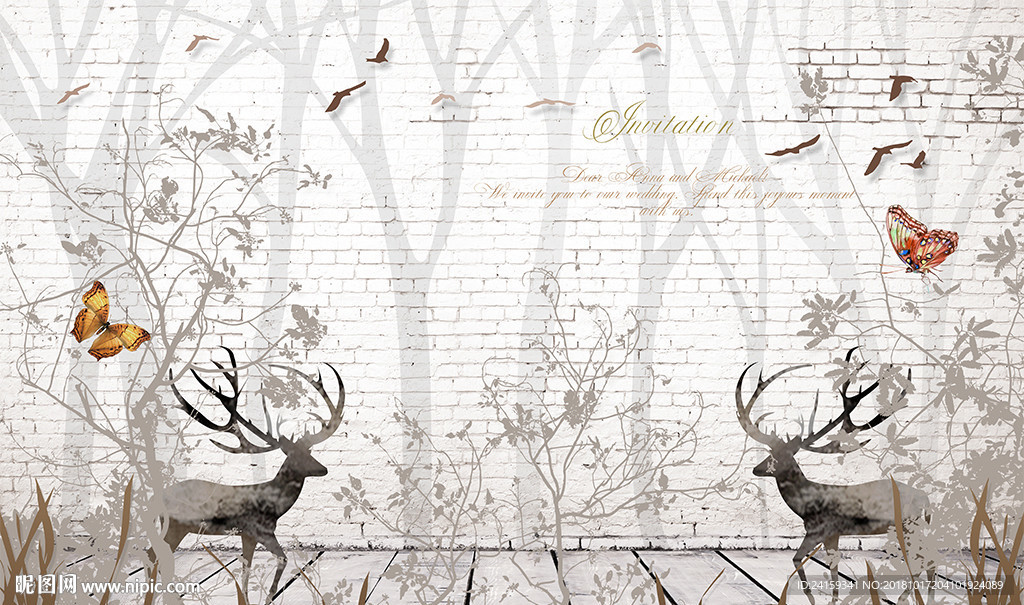 北欧简约手绘树木小鹿背景墙