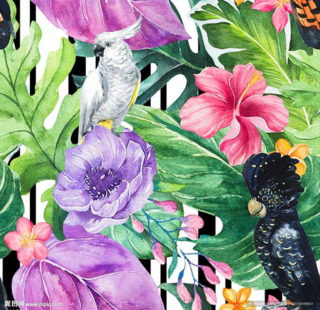 水彩热带植物花卉鹦鹉图案