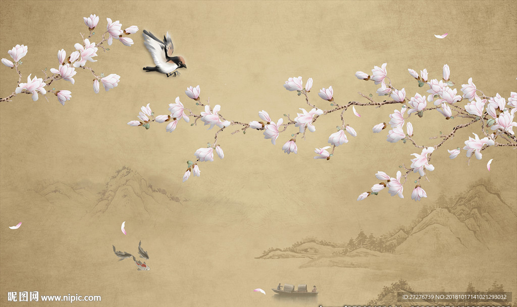 新中式手绘海棠花工笔花鸟背景墙