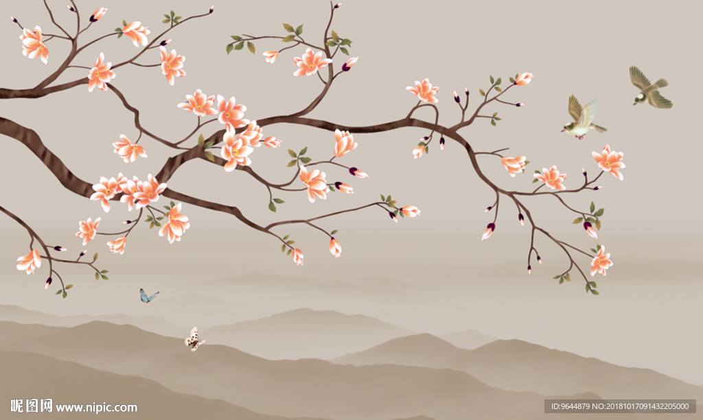 新中式玉兰花鸟壁画背景墙