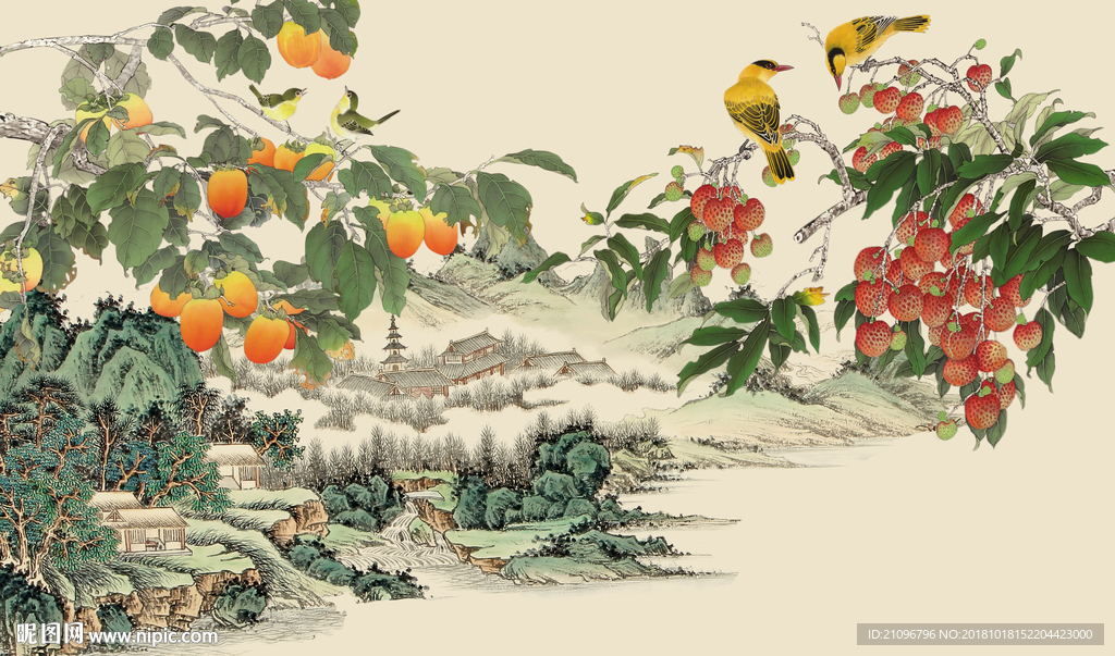 国画硕果背景墙