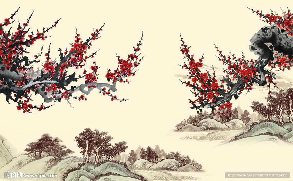 国画梅花背景墙