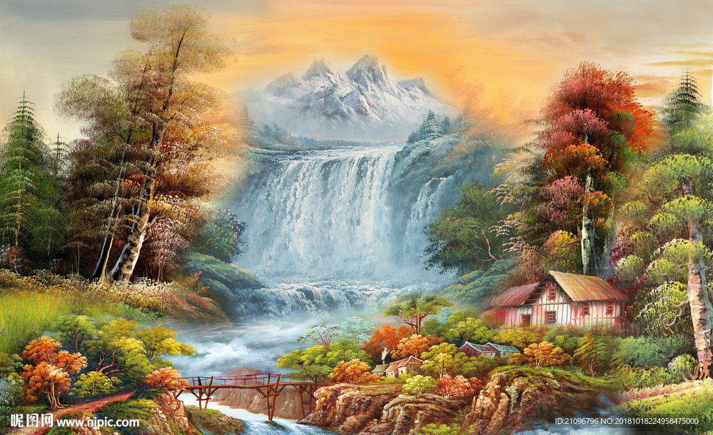 油画山水背景墙