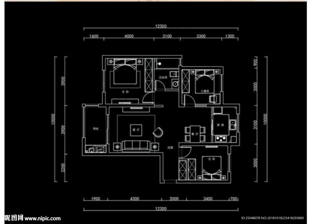 三室小高层CAD平面户型方案