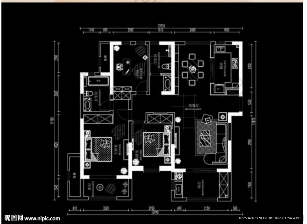 三室高层户型CAD平面方案