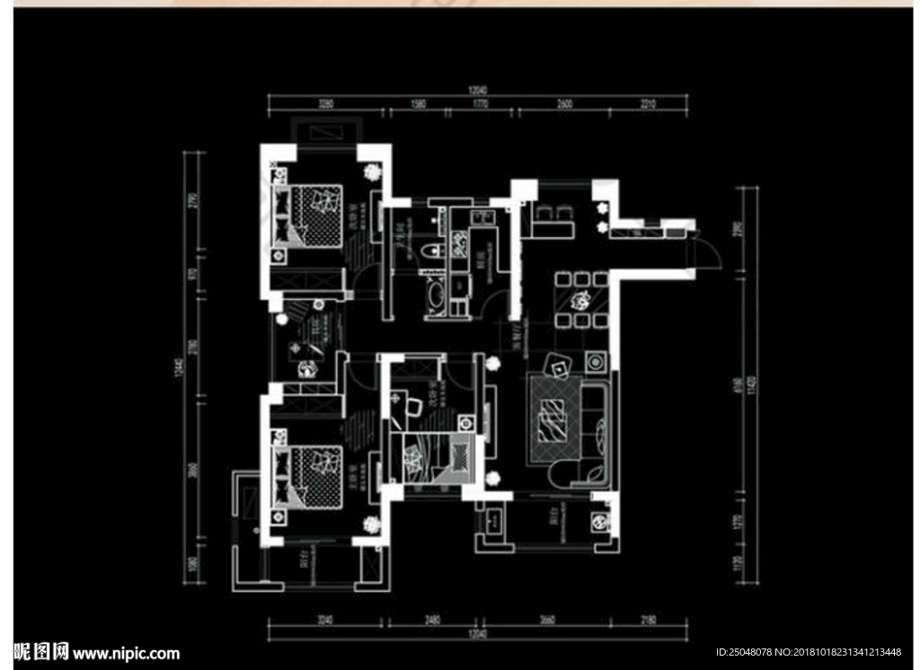 CAD三室高层平面布置方案
