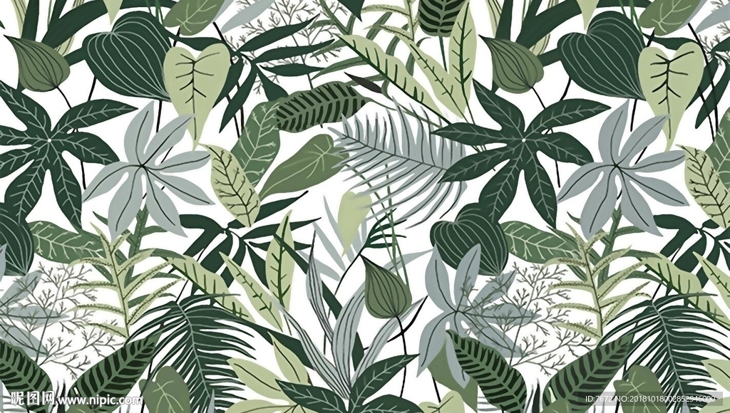 手绘现代简约中世纪椰树叶背景墙
