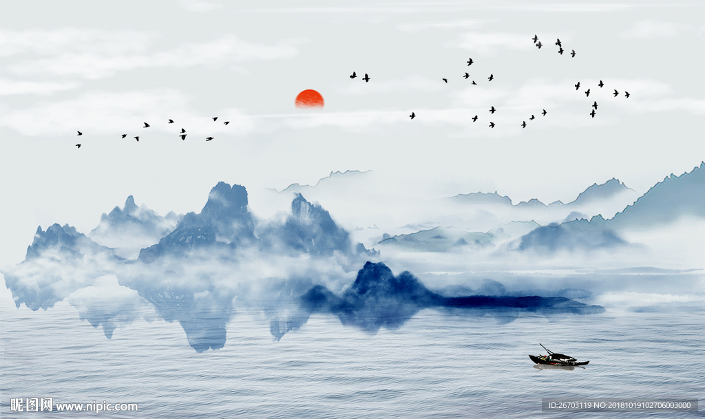 新中式简约抽象水墨山水电视背景