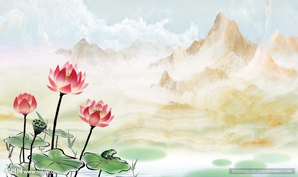 爱莲说石纹山水背景墙