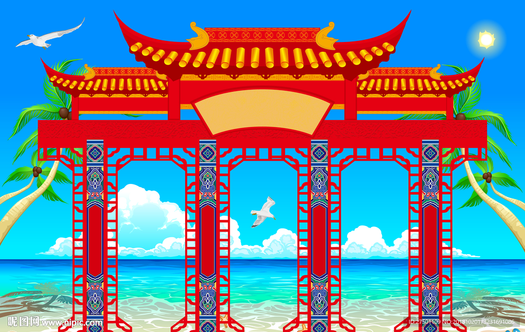 中式红色边框门楼