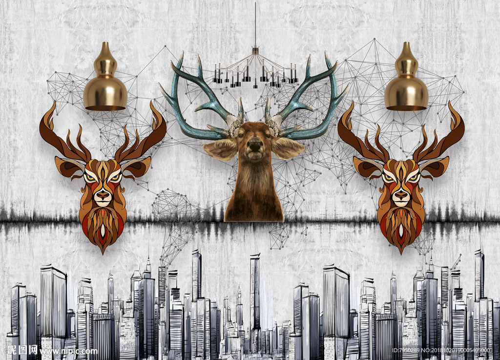 现代简约吊灯麋鹿城市背景墙装饰