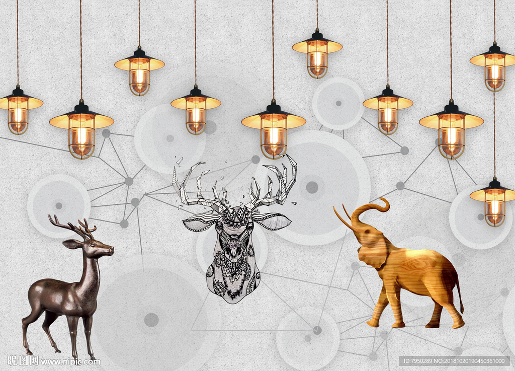 现代简约吊灯麋鹿背景墙装饰