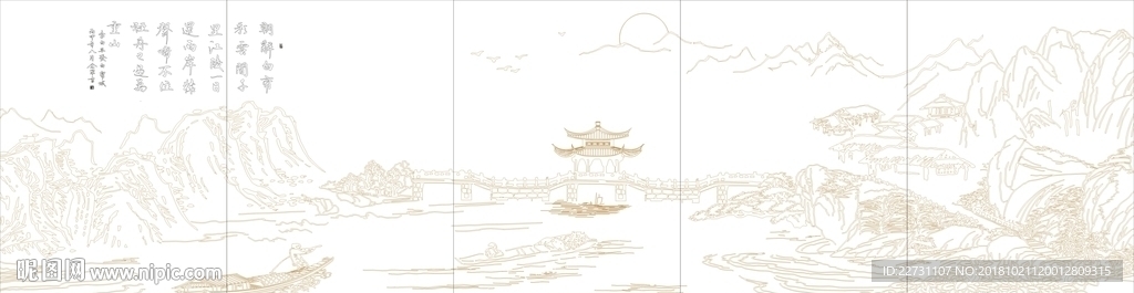 中式沙发背景山水硅藻泥矢量
