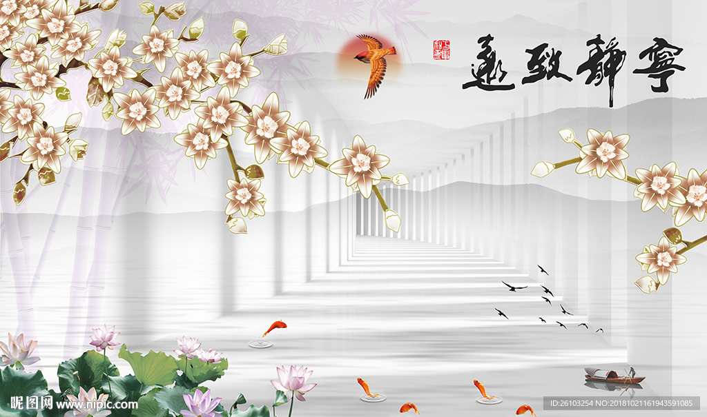 彩雕花卉中式山水画背景墙