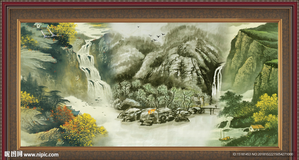 富水长流 山水风景画 山水画