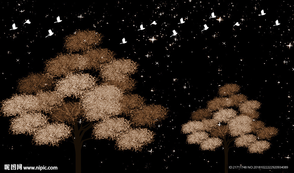 梦幻星空简约小树小鸟电视背景墙