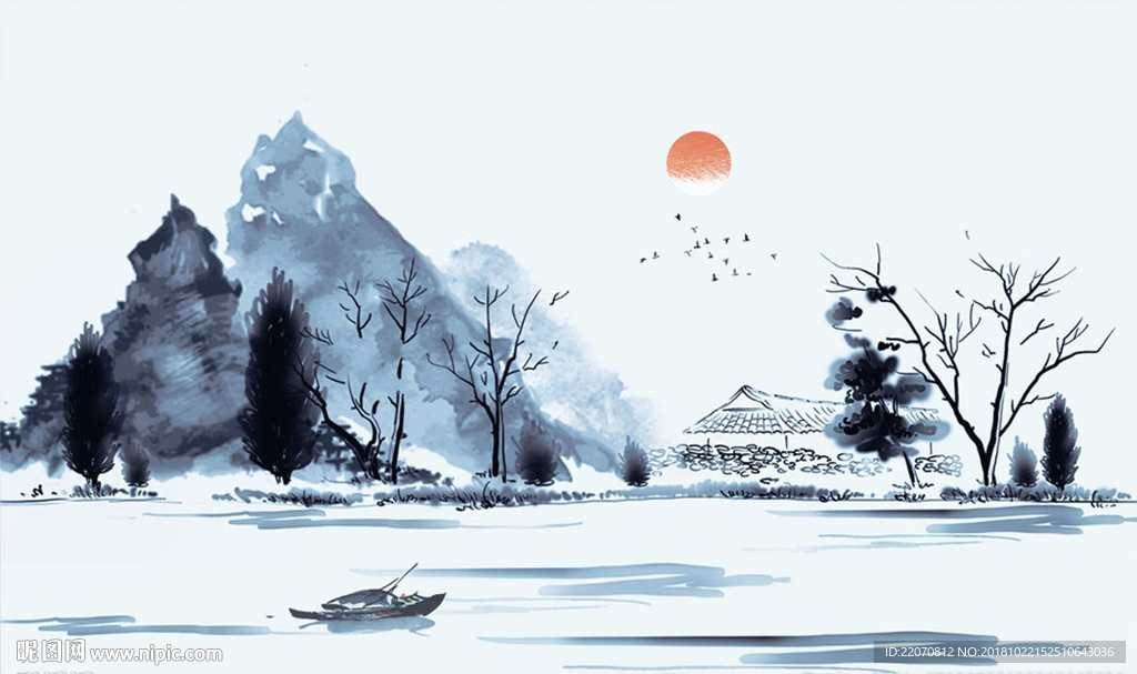 水墨山水游船高山飞鸟背景墙
