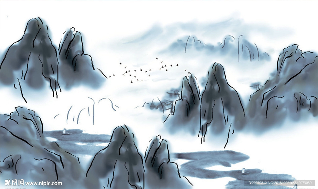 中式水墨山水群山飞鸟背景墙